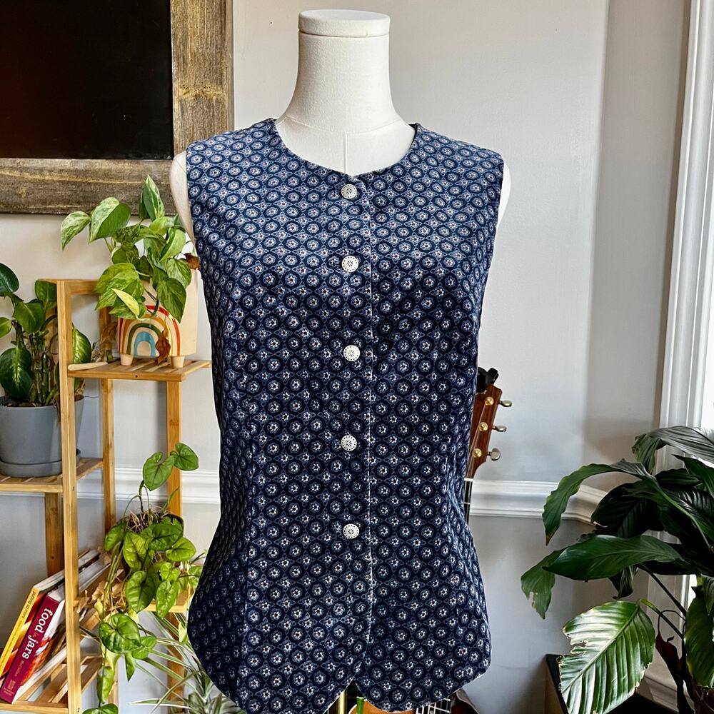Vintage 80s Velvet Cotton Vest Blue Floral Button Front Size Medium